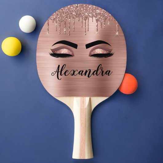 バラ金ゴールドグリッタースパークルまつげモノグラム名 卓球ラケット