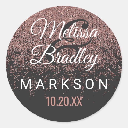 バラ金ゴールドグリッタースパークルスブラック結婚式用シール ラウンドシール (正面)