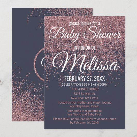 バラ金ゴールドグリッタースパークルズネイビーブルーベビーシャワー 招待状 (正面/裏面)