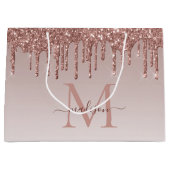 バラ金ゴールドグリッタースパークルドリップスモノグラムスクリプト ラージペーパーバッグ (正面)