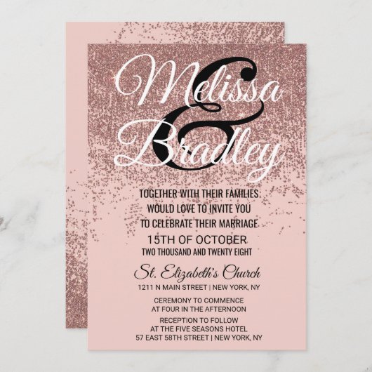 バラ金ゴールドグリッタースパークル赤面ピンク結婚ス 招待状 (正面/裏面)