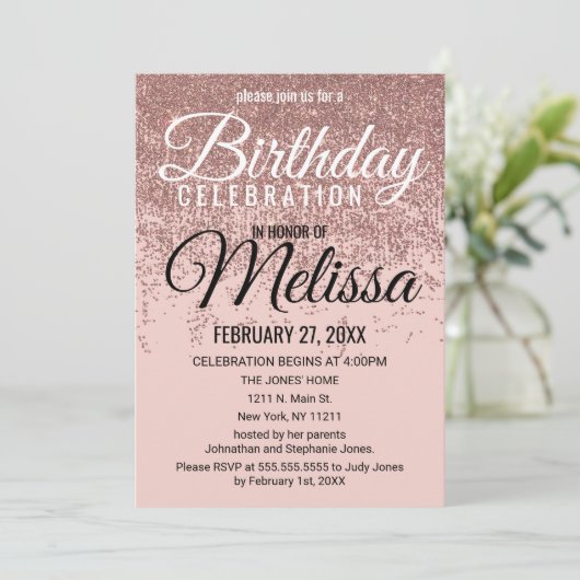 バラ金ゴールドグリッタースパークル赤面ピンク誕生日 招待状 (スタンド正面)