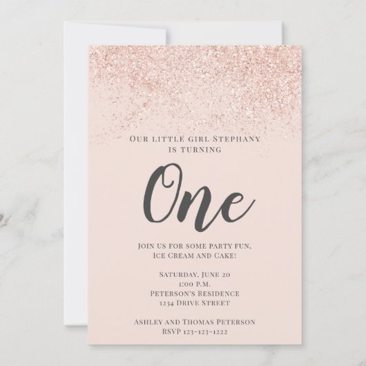 バラ金ゴールドグリッタースパークル1st誕生日赤面写真 招待状 (裏面)