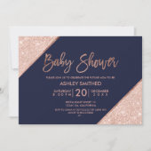 バラ金ゴールドグリッタータイポグラフィネイビーブルーベビーシャワー 招待状 (正面)