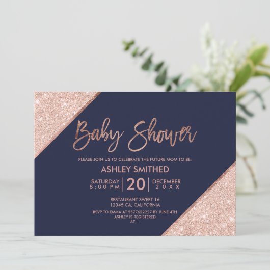 バラ金ゴールドグリッタータイポグラフィネイビーブルーベビーシャワー 招待状 (スタンド正面)