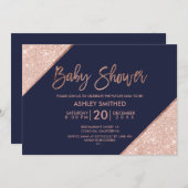 バラ金ゴールドグリッタータイポグラフィネイビーブルーベビーシャワー 招待状 (正面/裏面)