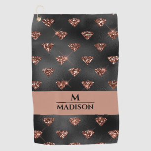 バラ金ゴールドグリッターダイアモンズオンブラックモノグラム ゴルフタオル