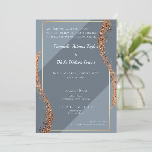 バラ金ゴールドグリッターダスティブルース結婚式招待状 招待状 (スタンド正面)