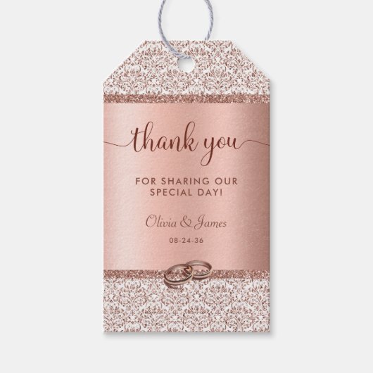 バラ金ゴールドグリッターダマスクウェディングサンキュー ギフトタグ (正面)