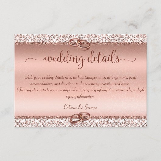 バラ金ゴールドグリッターダマスクウェディング詳細 エンクロージャーカード (正面)