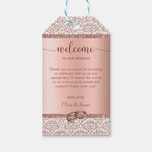 バラ金ゴールドグリッターダマスクモノグラム結婚の歓迎 ギフトタグ (正面)