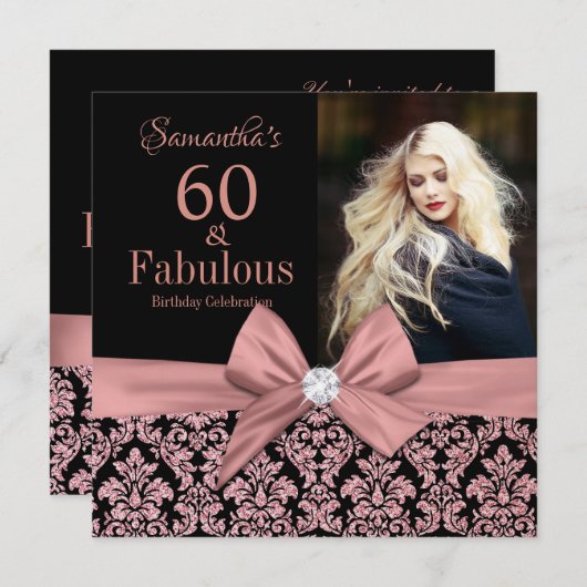 バラ金ゴールドグリッターダマスク60番目の誕生日招待状 招待状 (正面/裏面)
