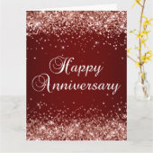 バラ金ゴールドグリッターダークレッドグラデーションハッピーアニバーズ カード (黄色い花)