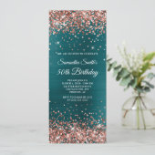 バラ金ゴールドグリッターティール（緑がかった色）ブルーフォイル50th誕生日 招待状 (スタンド正面)