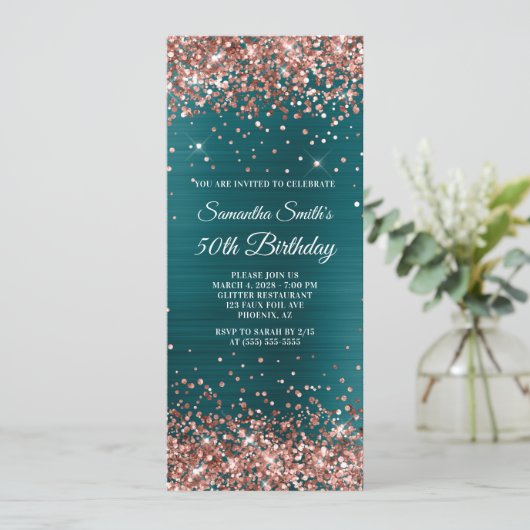 バラ金ゴールドグリッターティール(緑がかった色)ブルーフォイル50th誕生日 招待状 (スタンド正面)