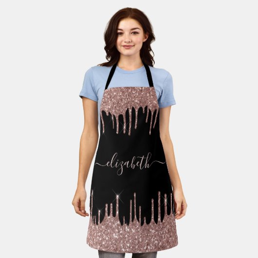 バラ金ゴールドグリッタードパーソナライズされたリップスブラック エプロン (着用した状態)