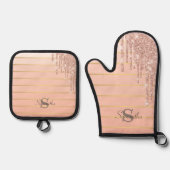 バラ金ゴールドグリッタードライストライプのプ 鍋つかみ&鍋敷きセット (正面)