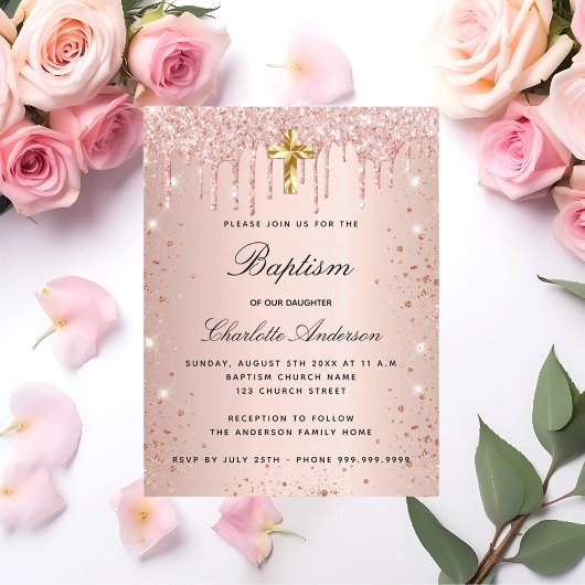 バラ金ゴールドグリッタードリップガールバプテスマ インビテーションポストカード