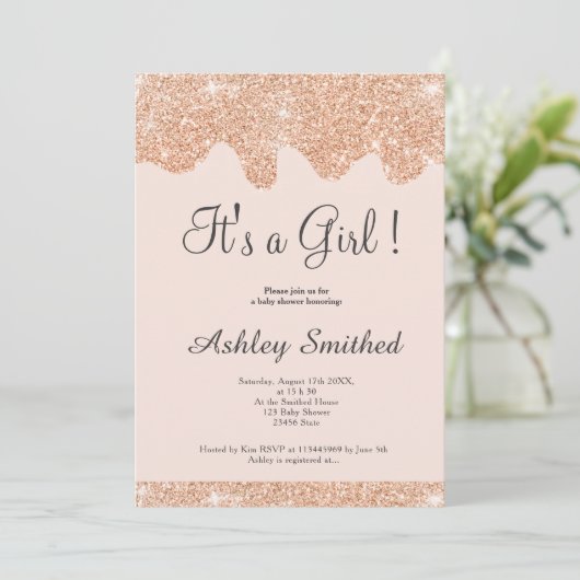 バラ金ゴールドグリッタードリップシックなピンクの女の子の赤ちゃんシャワー 招待状 (スタンド正面)