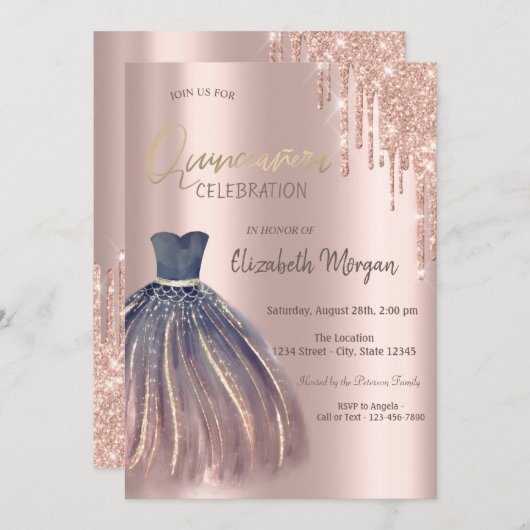 バラ金ゴールドグリッタードリップスシックドレスキンセアニラ 招待状 (正面/裏面)