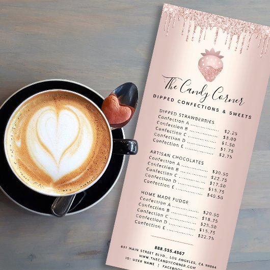 バラ金ゴールドグリッタードリップストロベリーデザートメニュー ラックカード