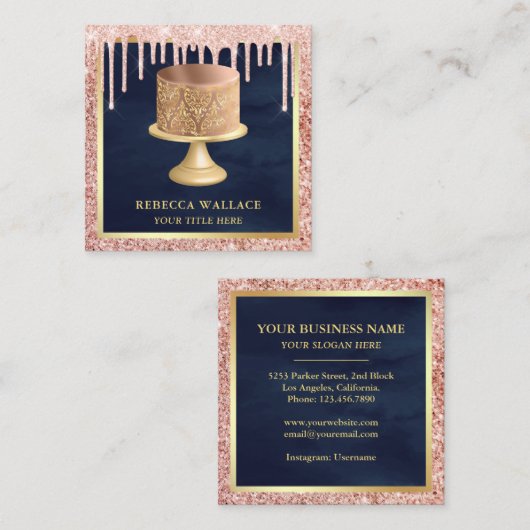 バラ金ゴールドグリッタードリップスピンクダマスクケーキベーカリー スクエア名刺 (正面/裏面)