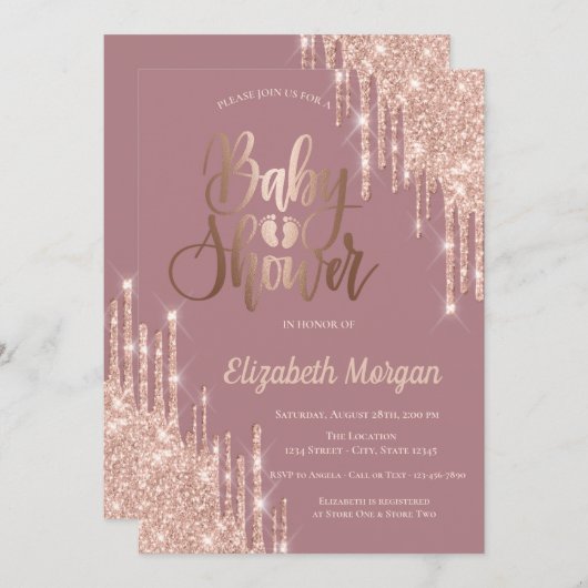 バラ金ゴールドグリッタードリップスベビーフットベビーシャワー 招待状 (正面/裏面)