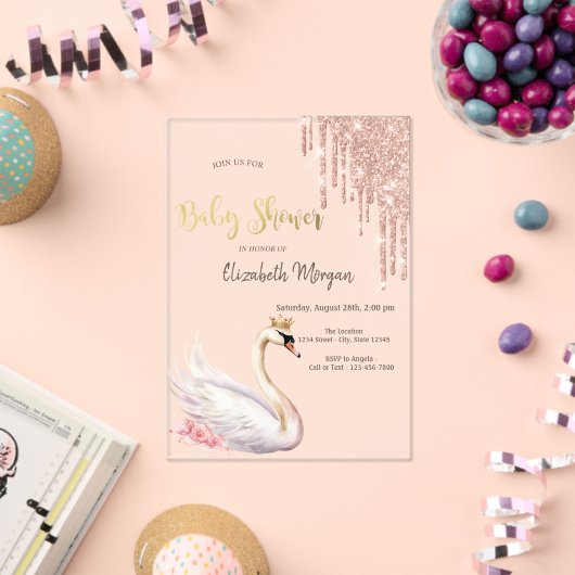 バラ金ゴールドグリッタードリップスワンクラウンフラワー アクリル招待状 (インサイチュ (お祝い))