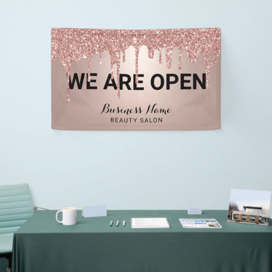 バラ金ゴールドグリッタードリップス美しいサロンWe are Open B 横断幕 (トレードショー)