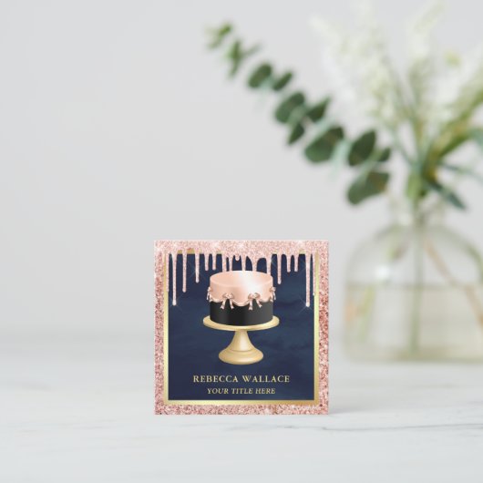 バラ金ゴールドグリッタードリップス赤面ピンクケーキベーカリー スクエア名刺 (スタンド正面)