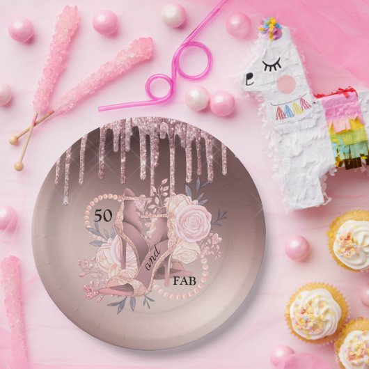 バラ金ゴールドグリッタードリップス50誕生日サプライズ ペーパープレート (パーティー)