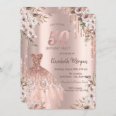 バラ金ゴールドグリッタードリップドレスフローラ50th誕生日 招待状 (正面/裏面)