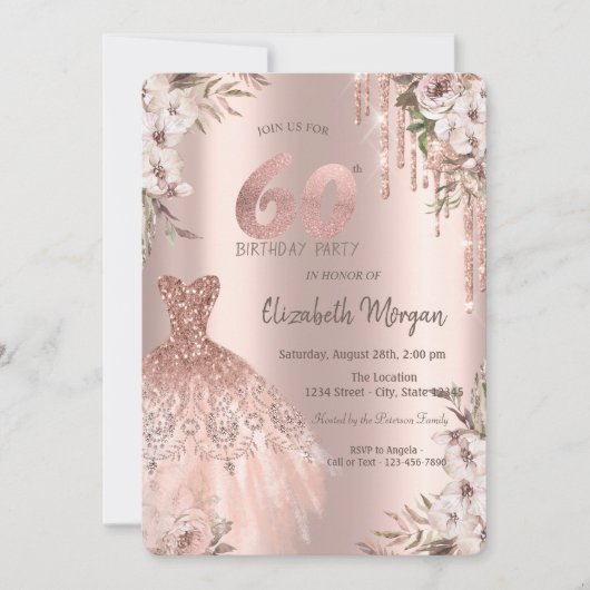 バラ金ゴールドグリッタードリップドレスフローラ60th誕生日 招待状 (正面)