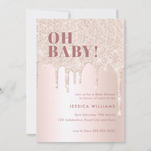 バラ金ゴールドグリッタードリップピンクガールOhベビーシャワー 招待状 (正面)