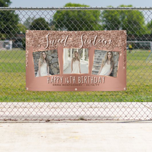 バラ金ゴールドグリッタードリップフォトコラージュ16誕生日 横断幕 (インサイチュ)