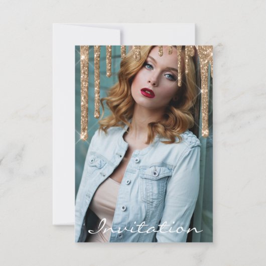 バラ金ゴールドグリッタードリップブライダルシャワー誕生日スパー 招待状 (裏面)