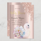 バラ金ゴールドグリッタードリップベビースワンベビーシャワー 招待状 (正面/裏面)