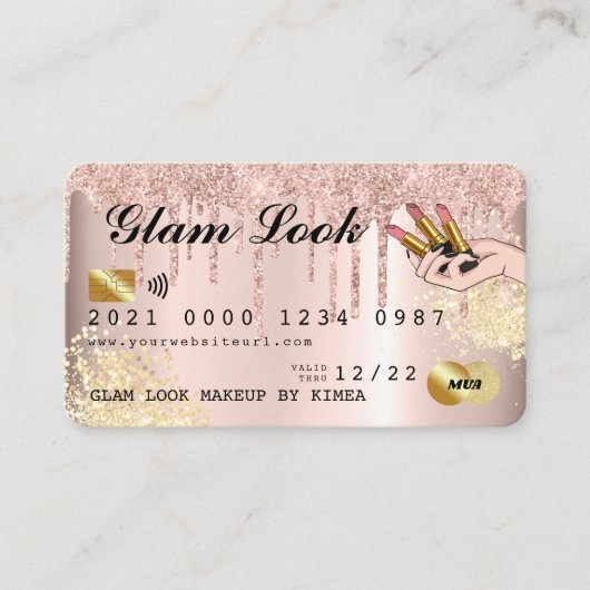 バラ金ゴールドグリッタードリップメイクアップアーティストクレジットカード 名刺 (正面)