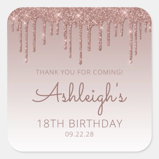 バラ金ゴールドグリッタードリップ18th誕生日ありがとう スクエアシール (正面)
