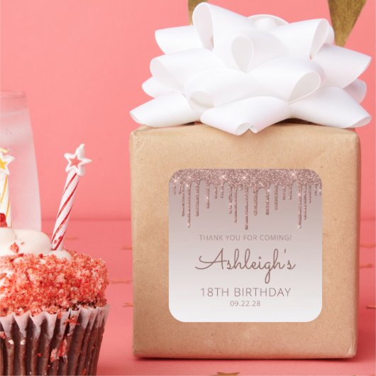 バラ金ゴールドグリッタードリップ18th誕生日ありがとう スクエアシール (パーティー)