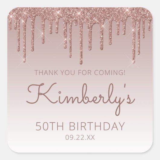 バラ金ゴールドグリッタードリップ50th誕生日ありがとう スクエアシール (正面)