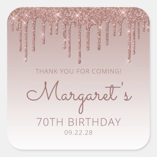 バラ金ゴールドグリッタードリップ70th誕生日ありがとう スクエアシール (正面)