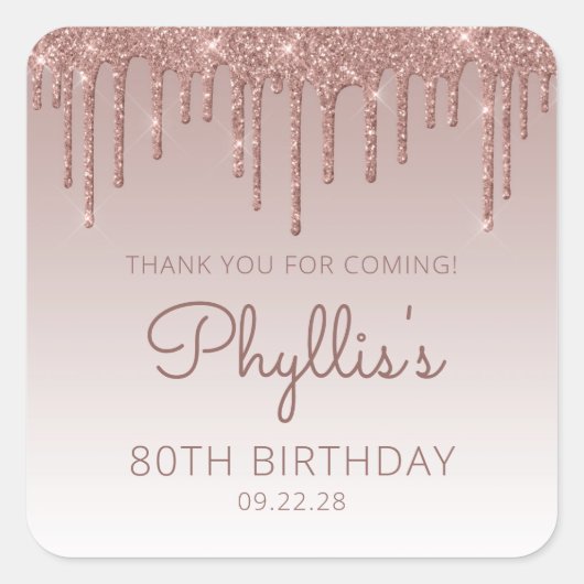 バラ金ゴールドグリッタードリップ80th誕生日ありがとう スクエアシール (正面)