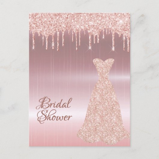 バラ金ゴールドグリッタードレスのブライダルシャワー招待 ポストカード (正面)