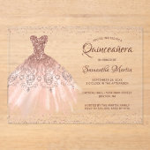 バラ金ゴールドグリッタードレススクリプトキンセアニラパーティー アクリル招待状 (正面)