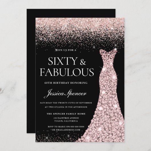 バラ金ゴールドグリッタードレスファブラス60th誕生日 招待状 (正面/裏面)