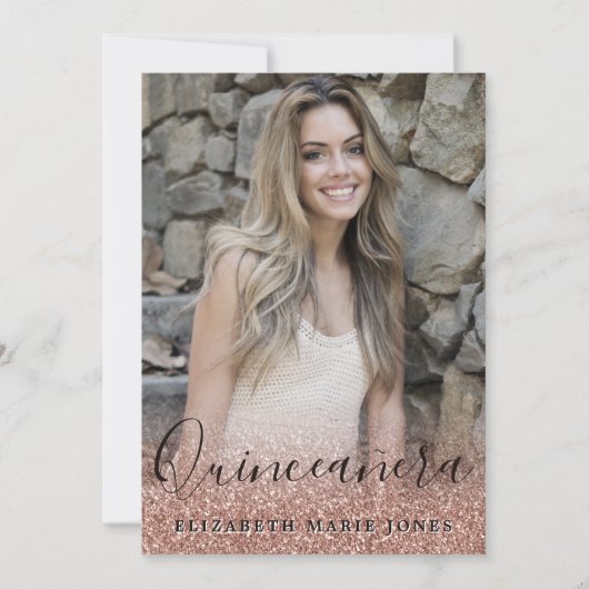 バラ金ゴールドグリッタードレスフォトキンチェニェラ誕生日 招待状 (正面)