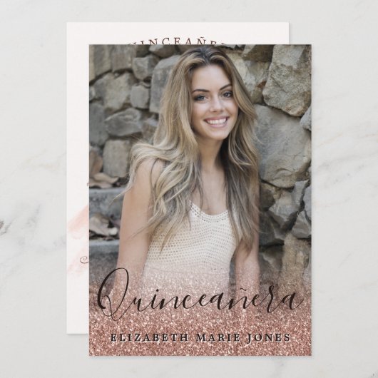 バラ金ゴールドグリッタードレスフォトキンチェニェラ誕生日 招待状 (正面/裏面)