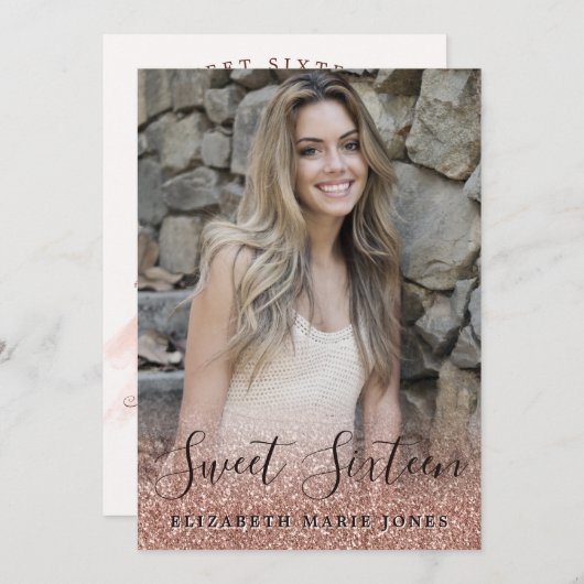 バラ金ゴールドグリッタードレスフォトスイート16誕生日 招待状 (正面/裏面)