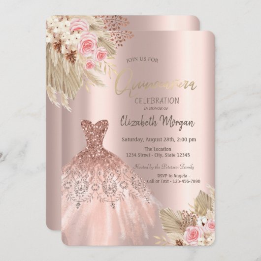 バラ金ゴールドグリッタードレスフラワーズキンセアニラ 招待状 (正面/裏面)